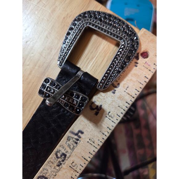 Landes Italian Black leather rhinestone belt silver buckle 39" Made In Canada - Picture 5 of 8